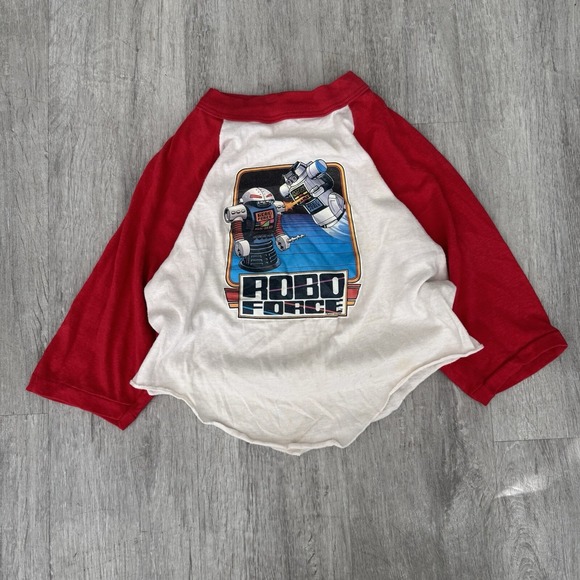 VINTAGE 1984 Robo Force 3/4 Sleeve Baseball Tee Shirt Size 7 White Red Kids - Picture 2 of 8